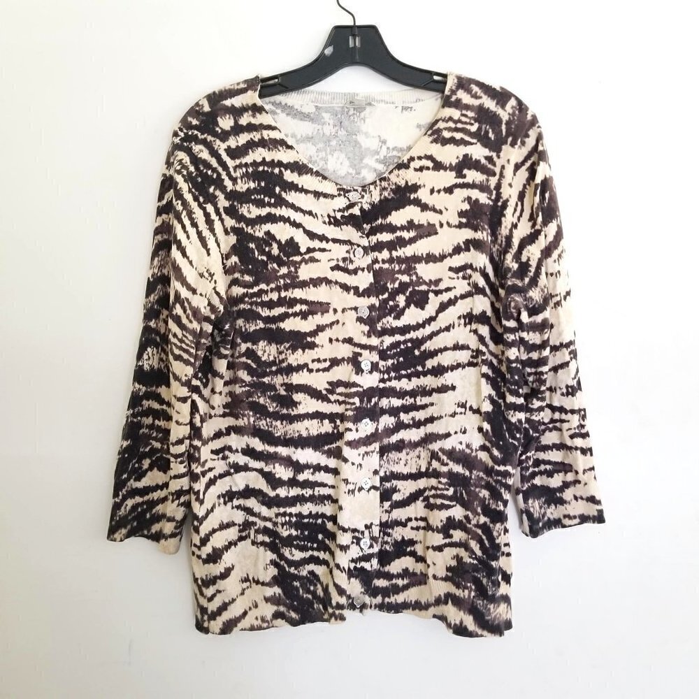 Talbots Zebra Animal Print Button Front Cardigan L